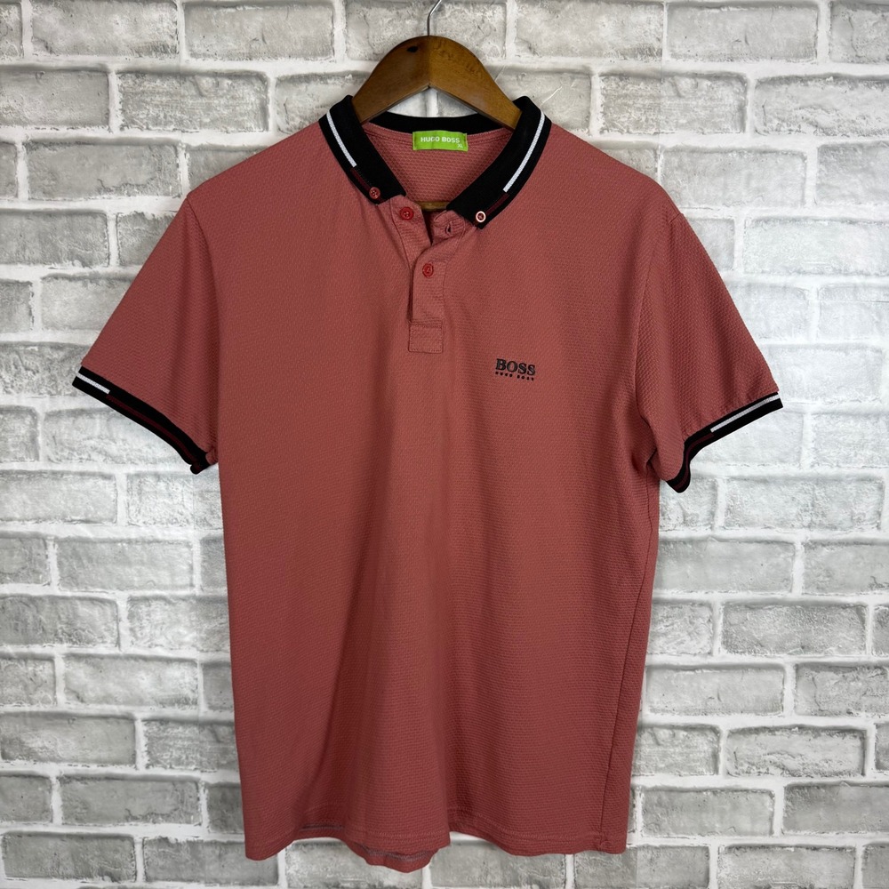 Hugo Boss Mens XL Polo Shirt Salmon Pink Textured Waffle Knit Short Sleeve Logo